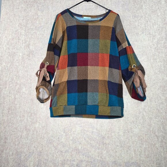 P.S. Kate Multicolor Plaid Sweater With Bow Sleeve Details Size M - Picture 1 of 6